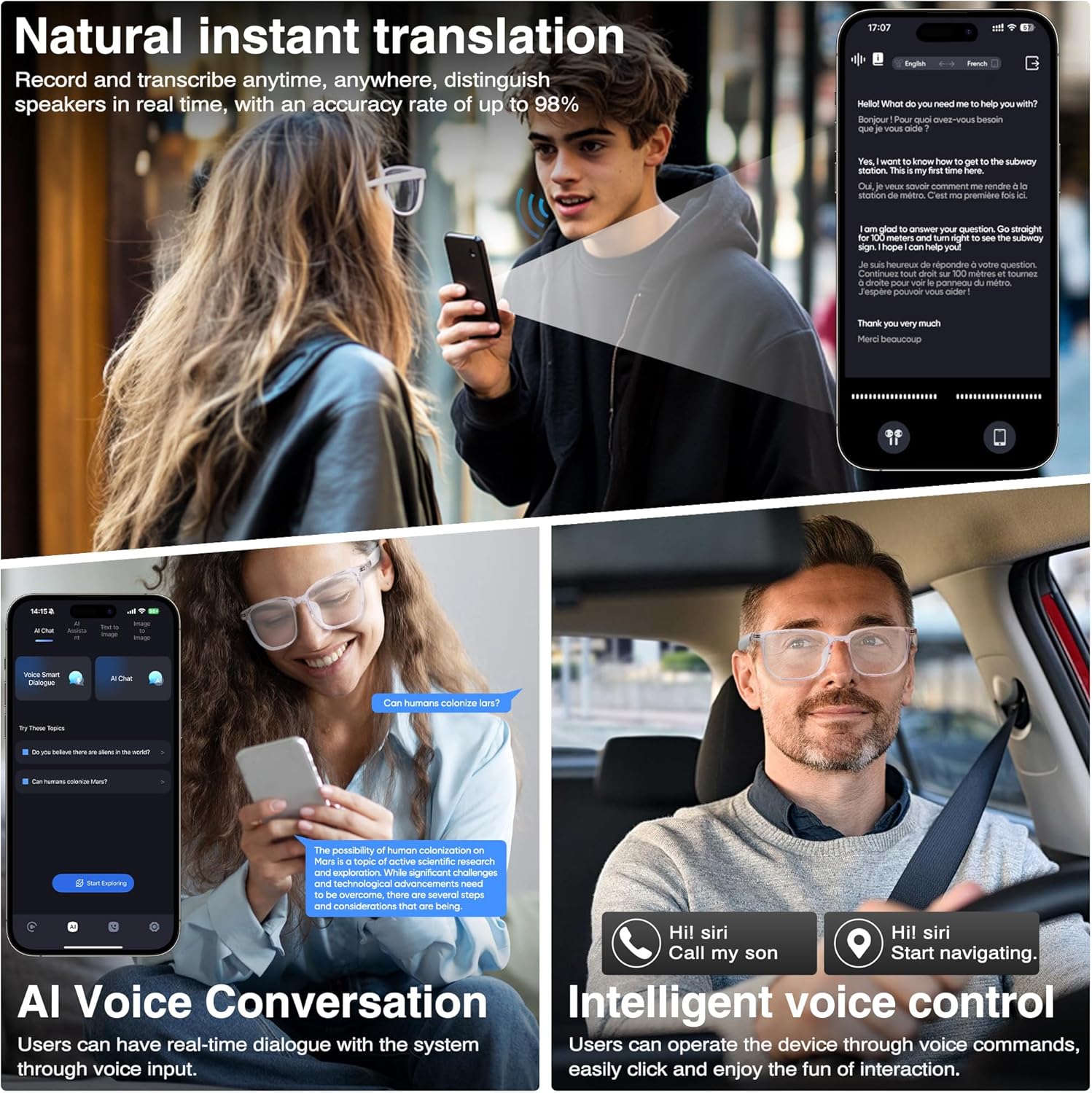 AI Smart Glasses with Chat GPT,Bluetooth Glasses with 150+ Translation,Smart Glasses for Men&Women,Multifunctional Bluetooth Glasses for Men(White) (White)