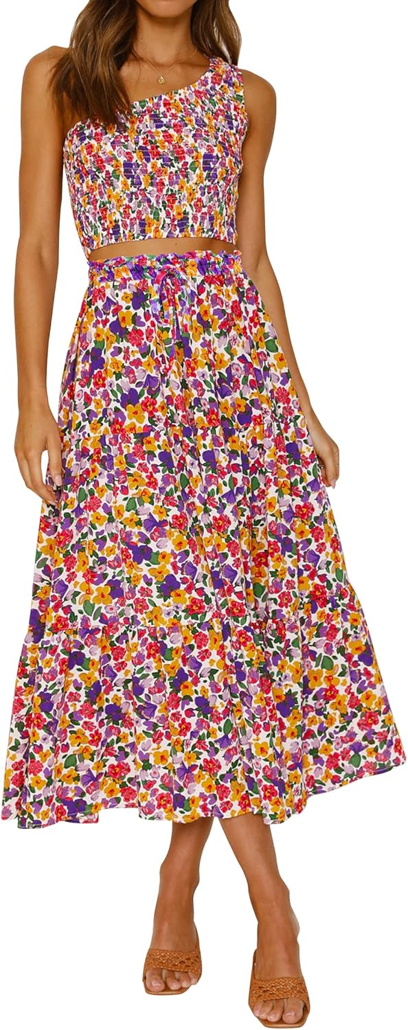 ZESICA Women's 2025 Summer Bohemian Floral Printed Elastic Waist A Line Maxi Skirt with Pockets