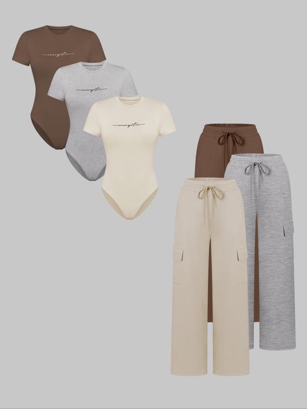 Women's Shortsleeve Bodysuit & Drawstring Waist Pants Set, Fitted Casual Style Round Neck Snap Bodysuit & Pocket Trousers, Minimalist Clothes for All Seasons, Y2k Statement Outfits Set, Womenswear, Basic Casual Matching Yoga Clothes Set