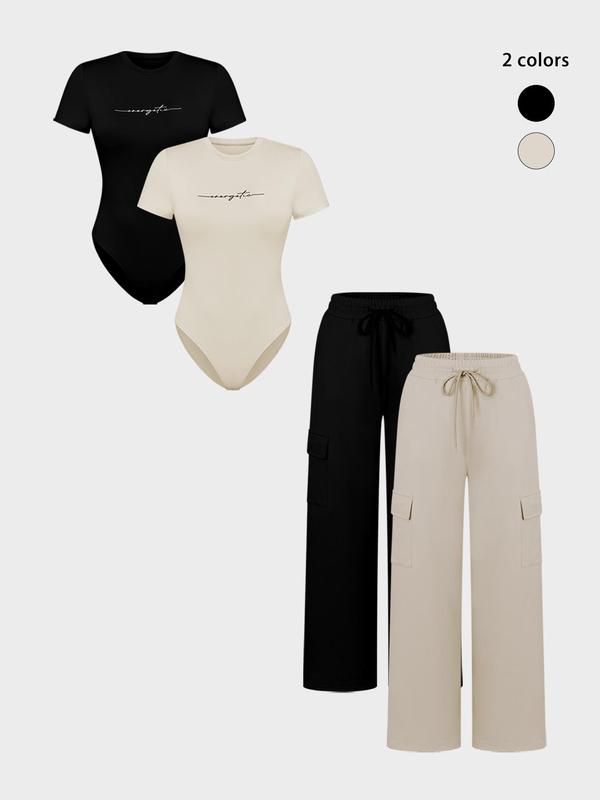 Women's Shortsleeve Bodysuit & Drawstring Waist Pants Set, Fitted Casual Style Round Neck Snap Bodysuit & Pocket Trousers, Minimalist Clothes for All Seasons, Y2k Statement Outfits Set, Womenswear, Basic Casual Matching Yoga Clothes Set