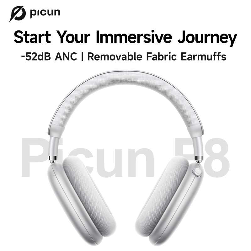 Picun F8 Pro Wireless Headphones - 52dB Noise Cancellation, 5 Smart ENC Mics, Detachable Fabric Ear Cushions, 140 Hour Standby, Seamless Dual Device Connection for All-Day Use and Boosted Productivity