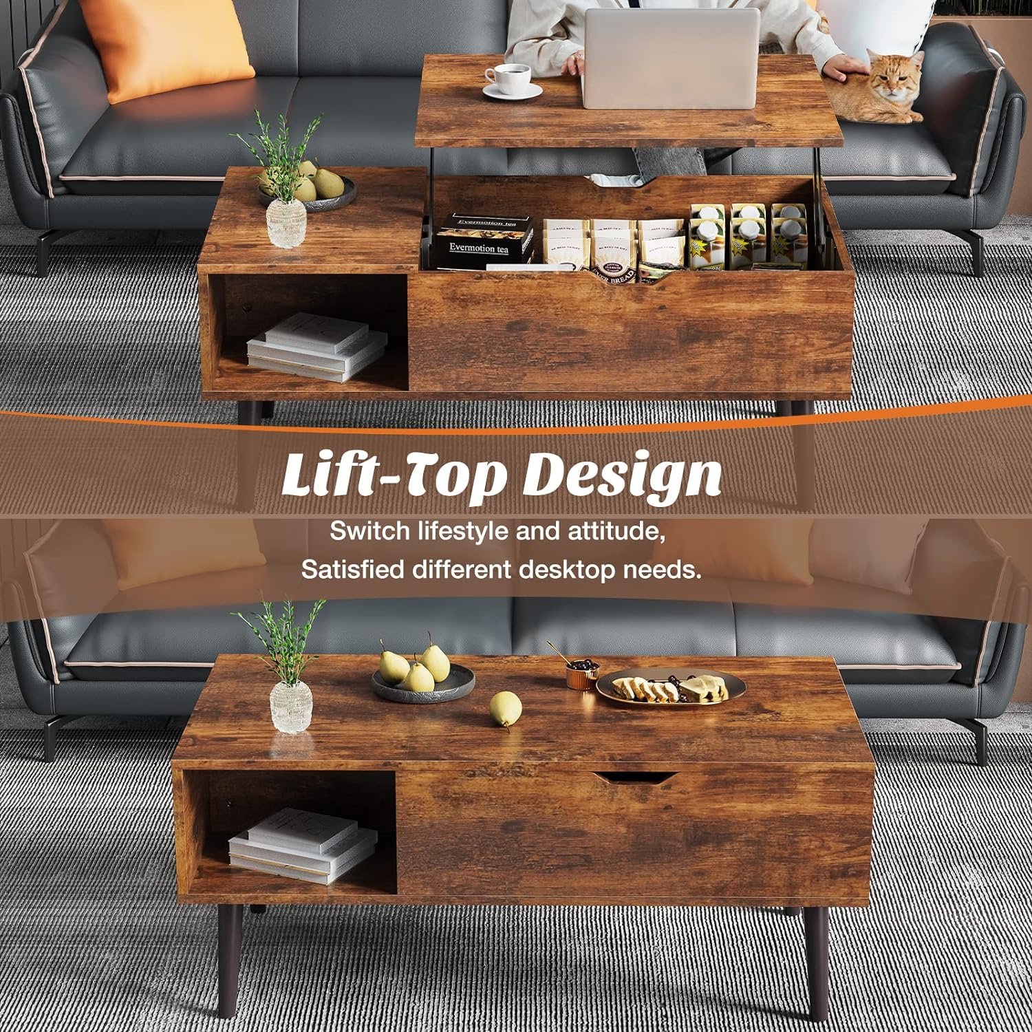 Sweetcrispy Coffee Table, Lift Top Coffee Tables for Living Room, Small Rising Wooden Dining Center Tables with Storage Shelf and Hidden Compartment, Brown