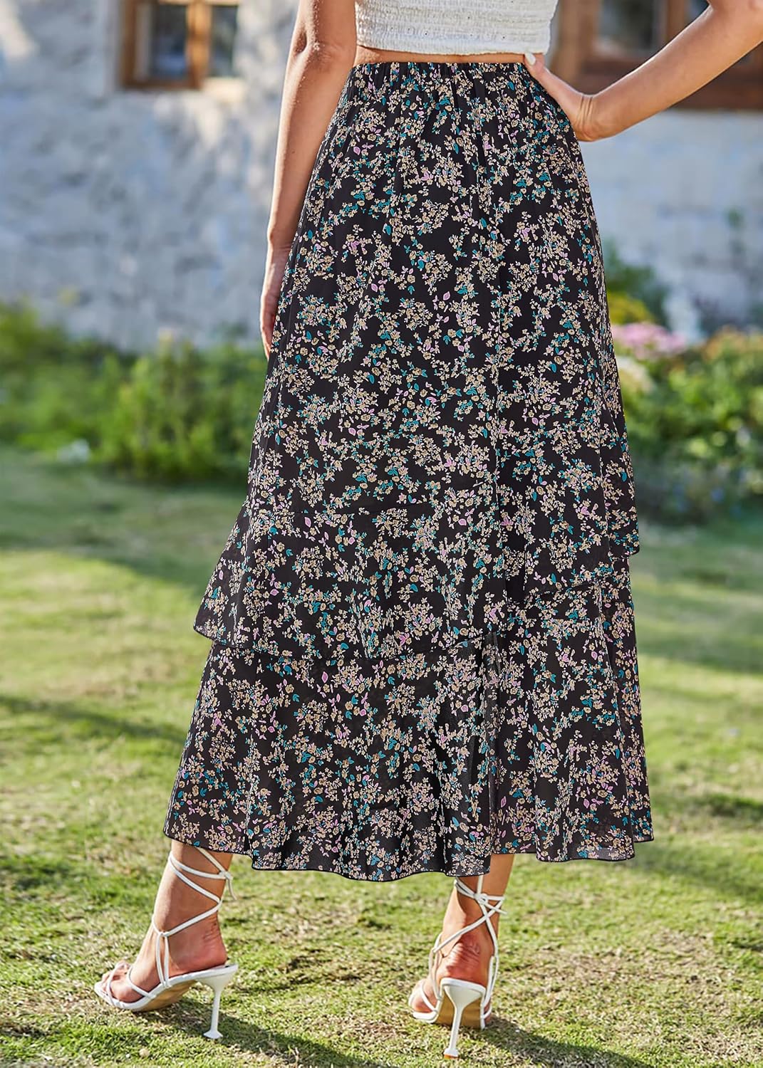 BTFBM Women 2025 Summer Fall Boho Long Skirts Dress Floral Print Elastic Waist Split Ruffle High Low Beach Maxi Skirt