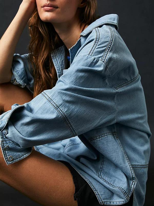 Tankaneo Women's Denim Pullover Casual Notch V Neck Blouse Loose Fit Long Sleeve Jean Jacket with Pocket