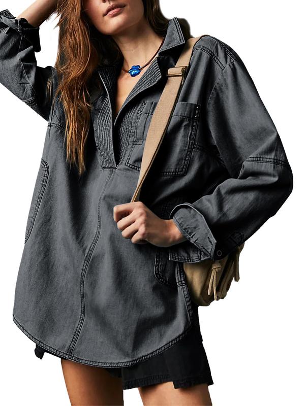 Tankaneo Women's Denim Pullover Casual Notch V Neck Blouse Loose Fit Long Sleeve Jean Jacket with Pocket