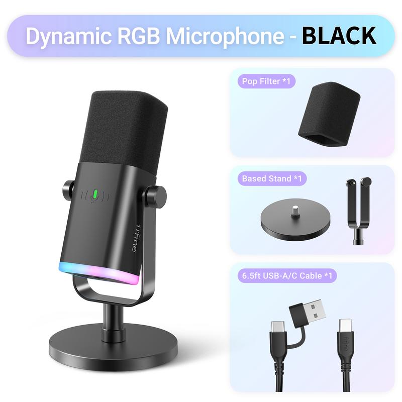 FIFINE AM8 XLR/USB Gaming Microphone for Podcast Recording, Dynamic RGB Mic with Quick Mute, headphone jack, Gain Knob, Volume Control, Desktop Mic for PC Gamer, XLR mic for audio interface mixer, for smartphone