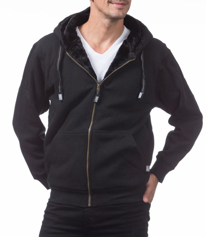 PROCLUB Men's Heavyweight Hooded Pile Jacket PRO CLUB Classic Soft Fur-Insulated Jacket Casual Fur Hoodie Full Zip Jackets Hip Hop Harem Black Gray
