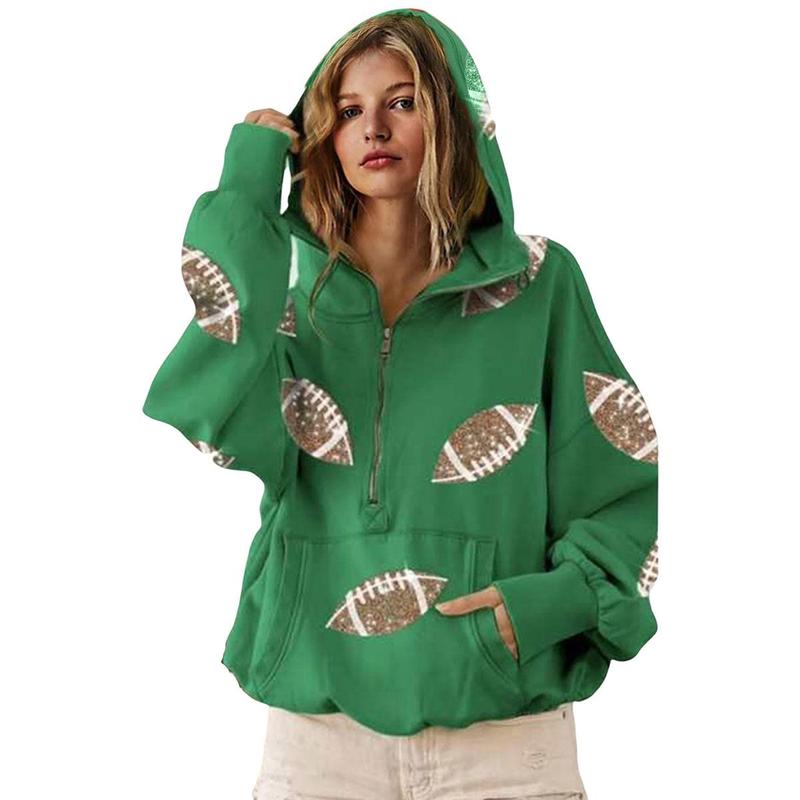 Ommig Womens Game Day Sweatshirts Football Sequin Hoodies Tailgate Outfits Long Sleeve Zipper Sweaters with Pocket