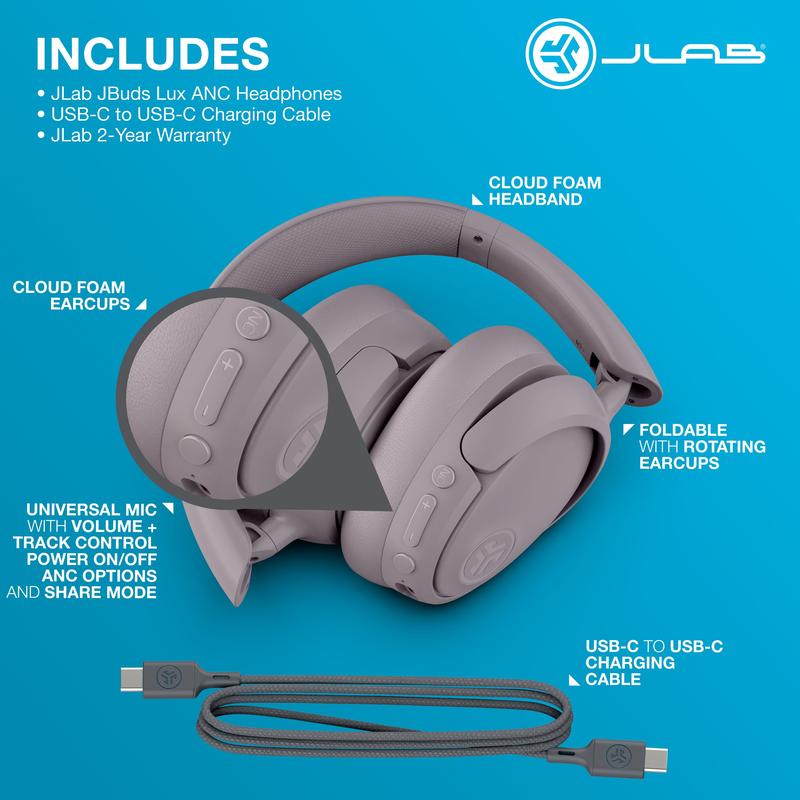JLab JBuds Lux Active Noise Cancellation Wireless Bluetooth Headphones, Custom EQ, Over-Ear, Be Aware Safety Mode. Foldable, iPhone / Android