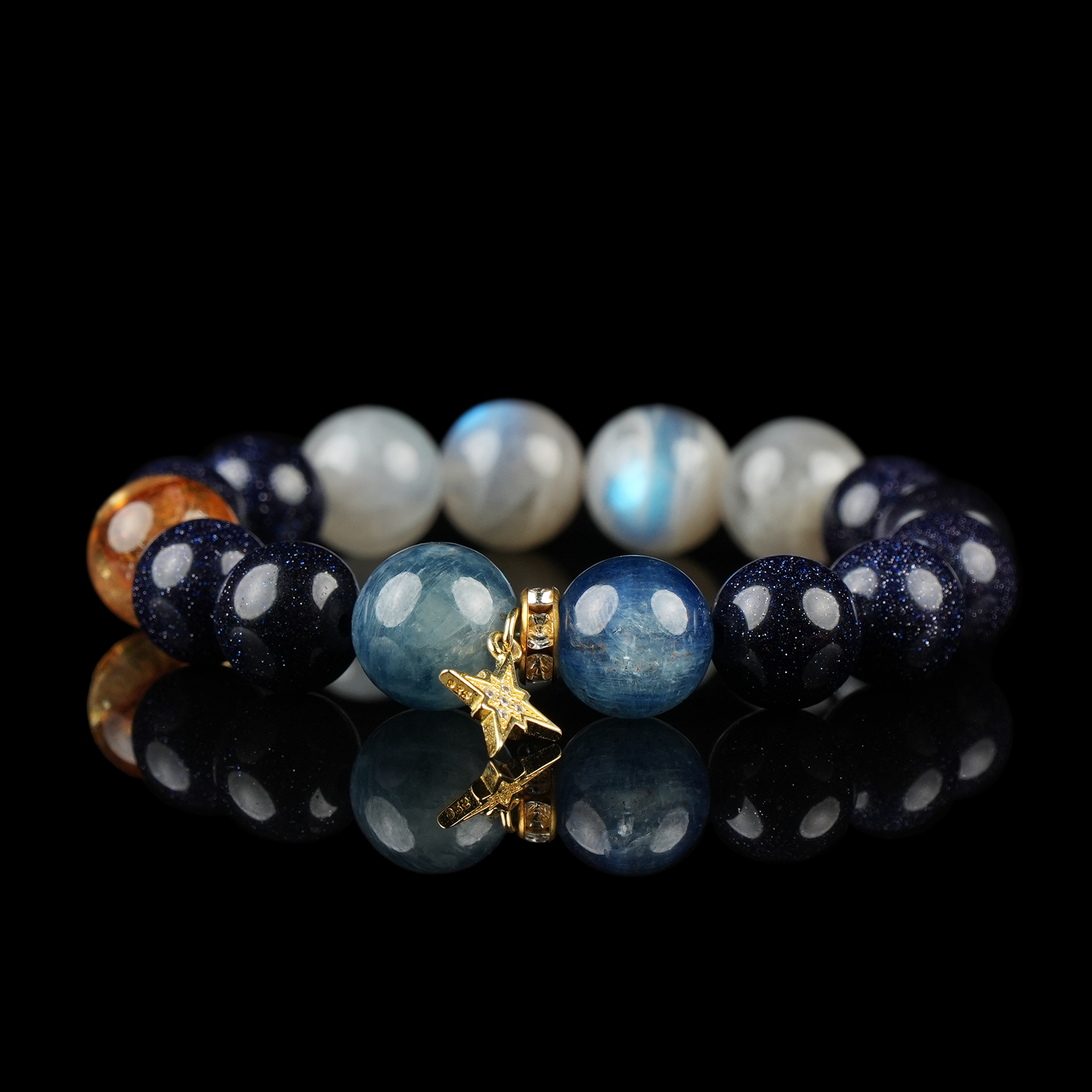 Handmade Celestial Crystal Bracelet with Aquamarine, Blue Goldstone, Moonstone, and Citrine – Star Charm Healing Jewelry for Intuition, Energy, and Protection.
