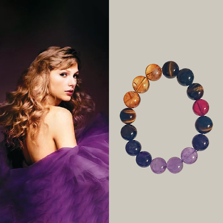 A side-by-side composition: on the left, a glamorous woman with wavy blonde hair looks over her shoulder, wrapped in soft layers of purple tulle. On the right, a gemstone bracelet composed of amethyst, tiger eye, and garnet beads is displayed in a circular layout against a white background. The deep purples and warm golden tones of the bracelet subtly echo the elegance and color palette of the woman's ensemble.
