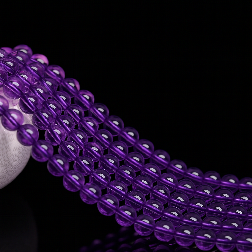 Several strands of vibrant purple beads are draped over a smooth white stone. The translucent beads shimmer under the light, standing out against the soft texture of the stone and the black backdrop.