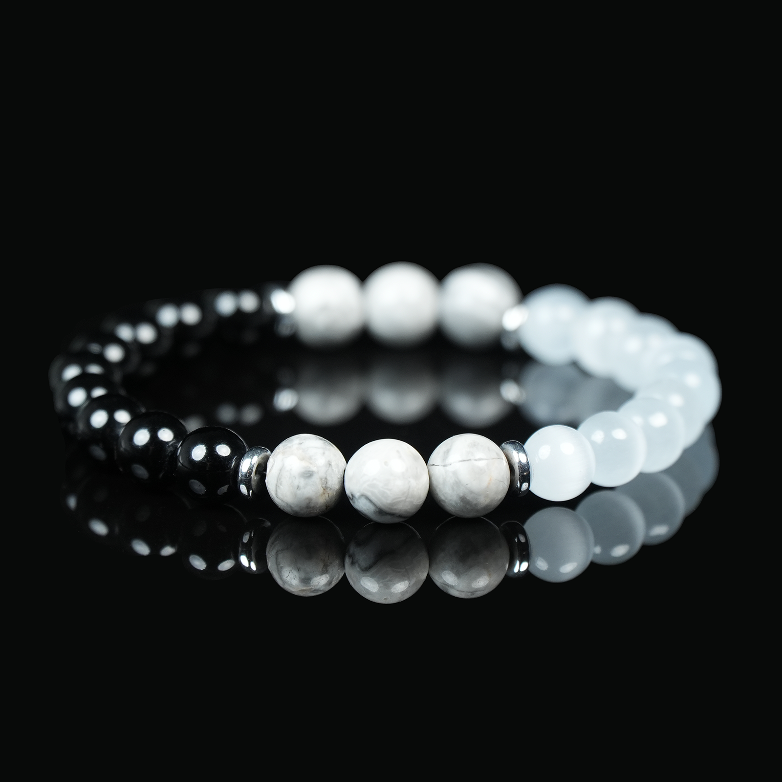 Close-up image of a black obsidian and cat’s eye gemstone bracelet with polished white and black beads, symbolizing protection, intuition, and balance.