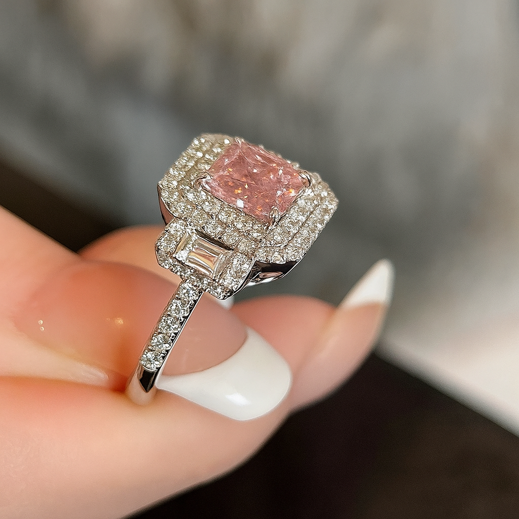 S925 Square Pink Moissanite Ring – Ultra Sparkle Pavé Design