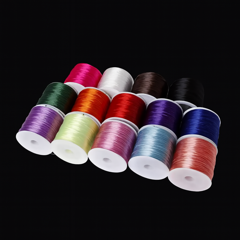 This image shows multiple spools of flat elastic thread arranged in two rows. The threads come in a wide range of vibrant colors including pink, white, brown, black, green, orange, red, purple, blue, and more. Each spool is tightly wound and displayed against a solid black background, highlighting the smooth, glossy texture of the thread.