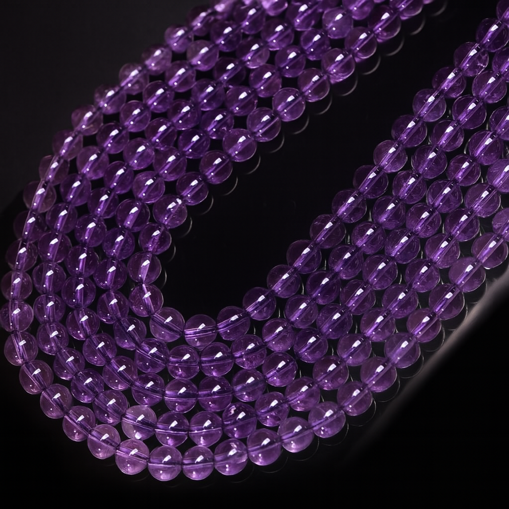 The photo features several strands of purple beads flowing in smooth curves across a reflective black surface. Their glossy finish and consistent size create a luxurious, elegant appearance.
