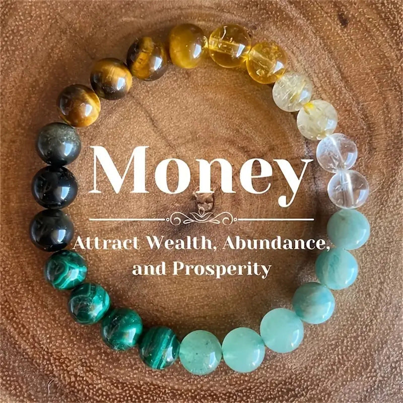 A flat lay of the bracelet on a wood background with the word "Money" and text emphasizing prosperity and manifestation.