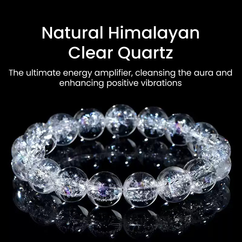 A clear quartz bracelet placed against a black background with descriptive text about its aura cleansing benefits.