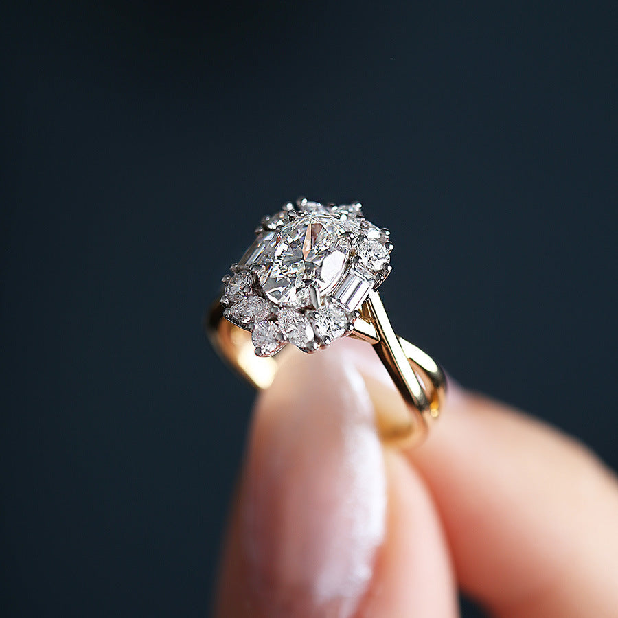 S925 Vintage Style Moissanite Ring – Gold Band with Radiant Cluster Setting