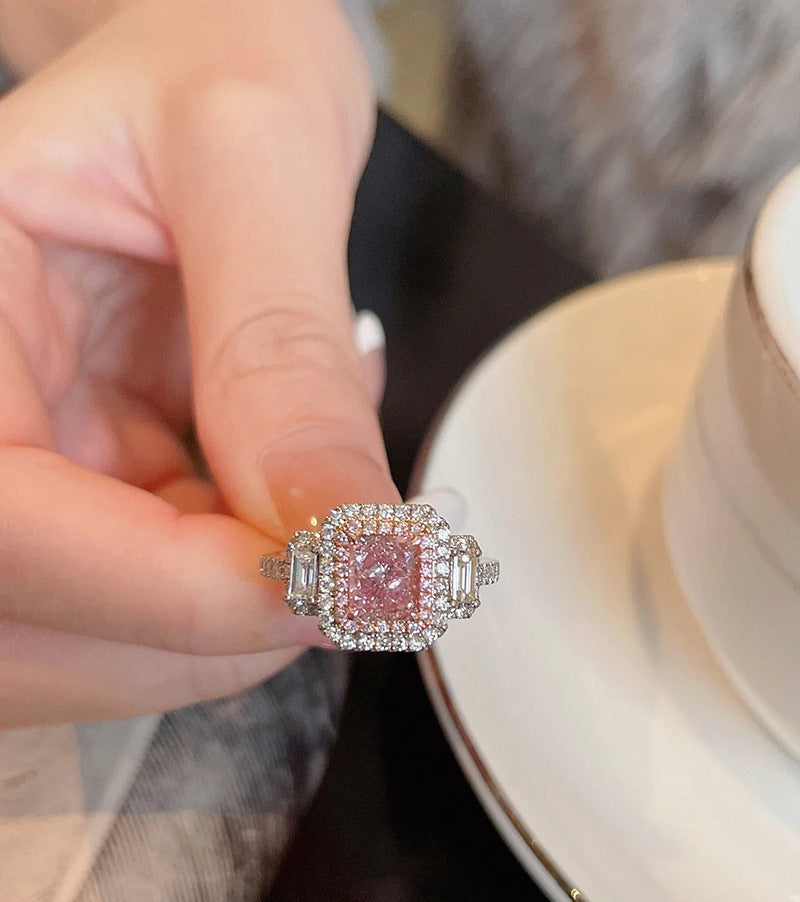 S925 Square Pink Moissanite Ring – Ultra Sparkle Pavé Design