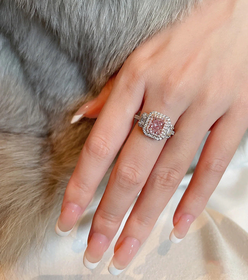 S925 Square Pink Moissanite Ring – Ultra Sparkle Pavé Design
