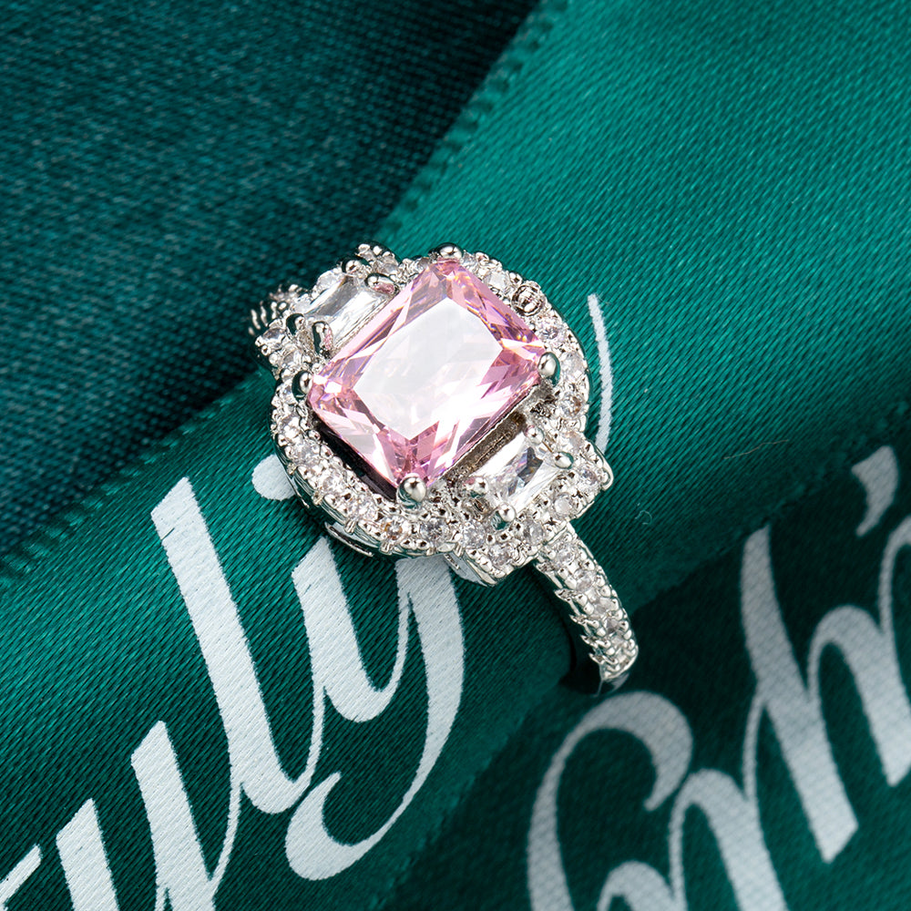 S925 Square Pink Moissanite Ring – Ultra Sparkle Pavé Design