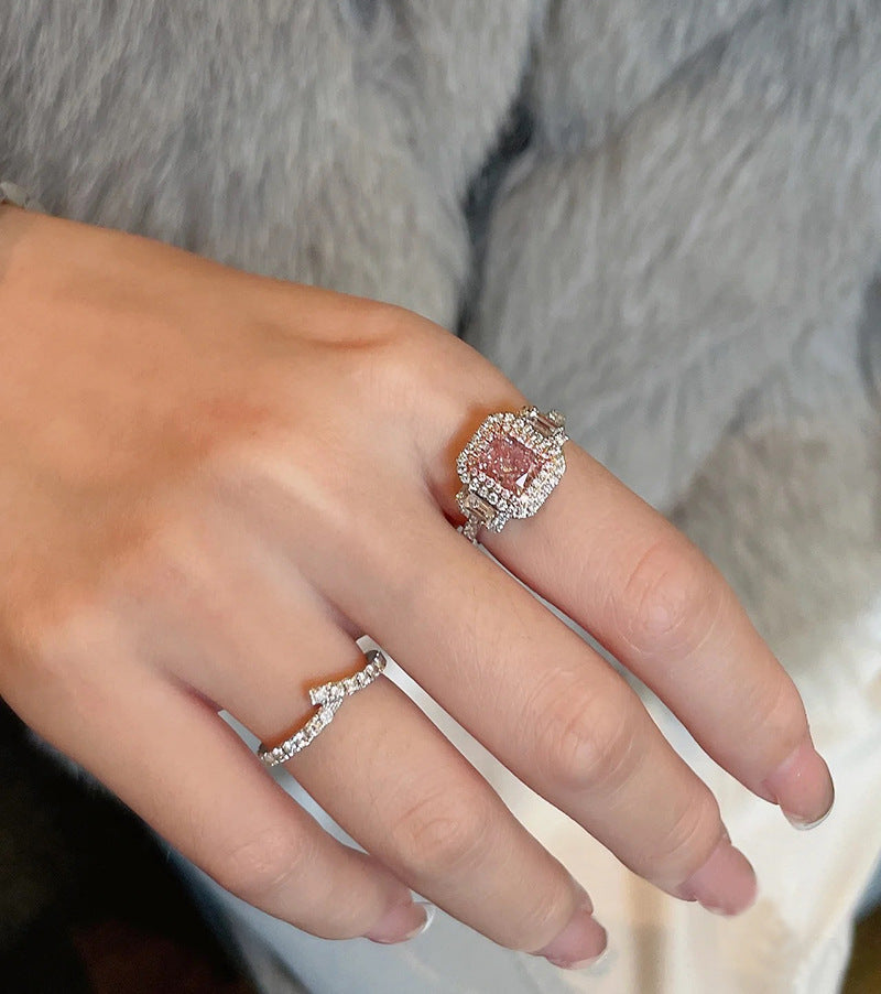 S925 Square Pink Moissanite Ring – Ultra Sparkle Pavé Design
