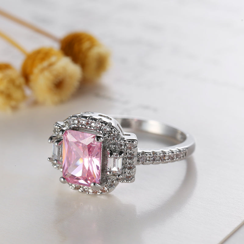 S925 Square Pink Moissanite Ring – Ultra Sparkle Pavé Design