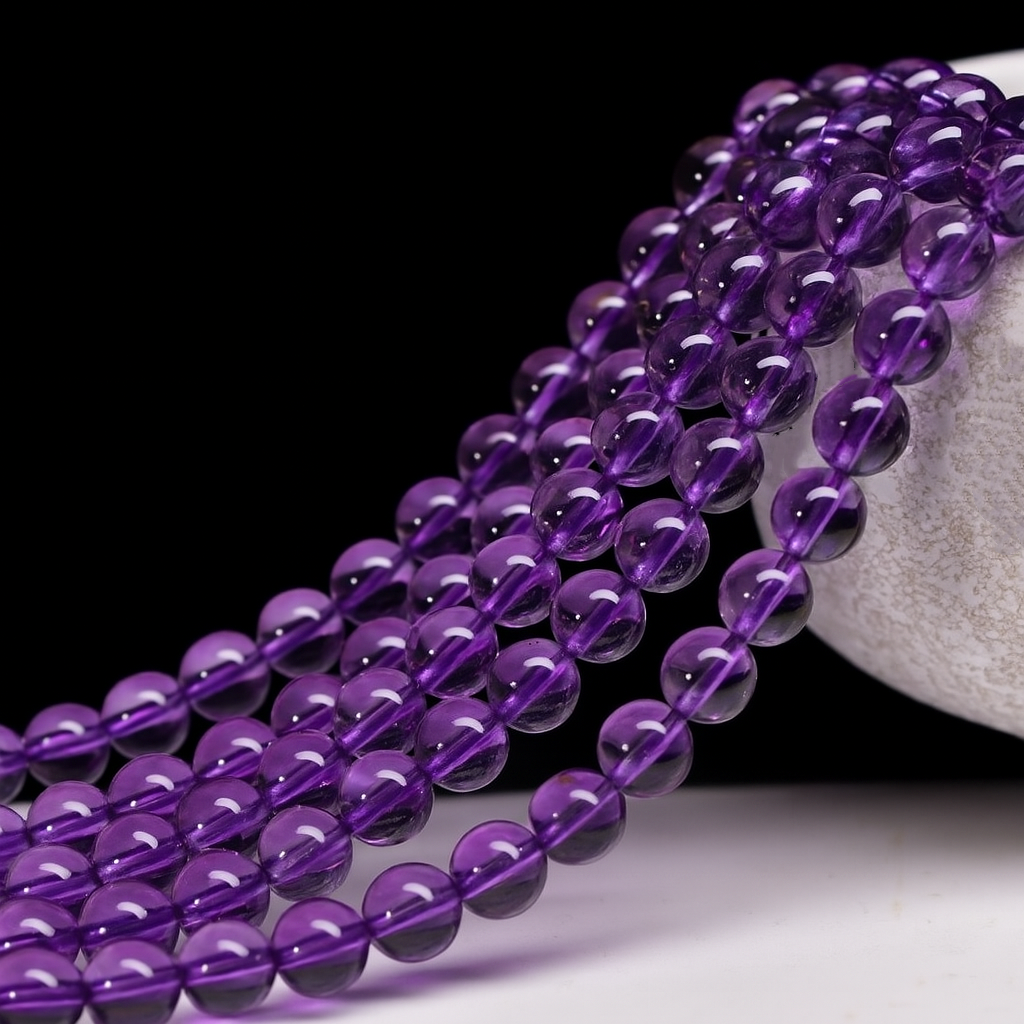 This image displays strands of dark purple beads hanging gracefully from a textured white ceramic bowl. The contrast between the glossy beads and the rough ceramic adds visual interest against the plain black background.