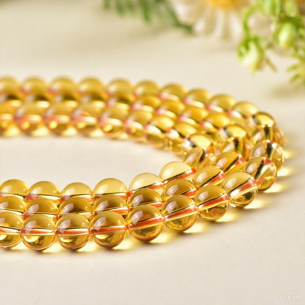 Detailed view of polished yellow beads forming a semi-circle, paired with soft-focus botanical decor