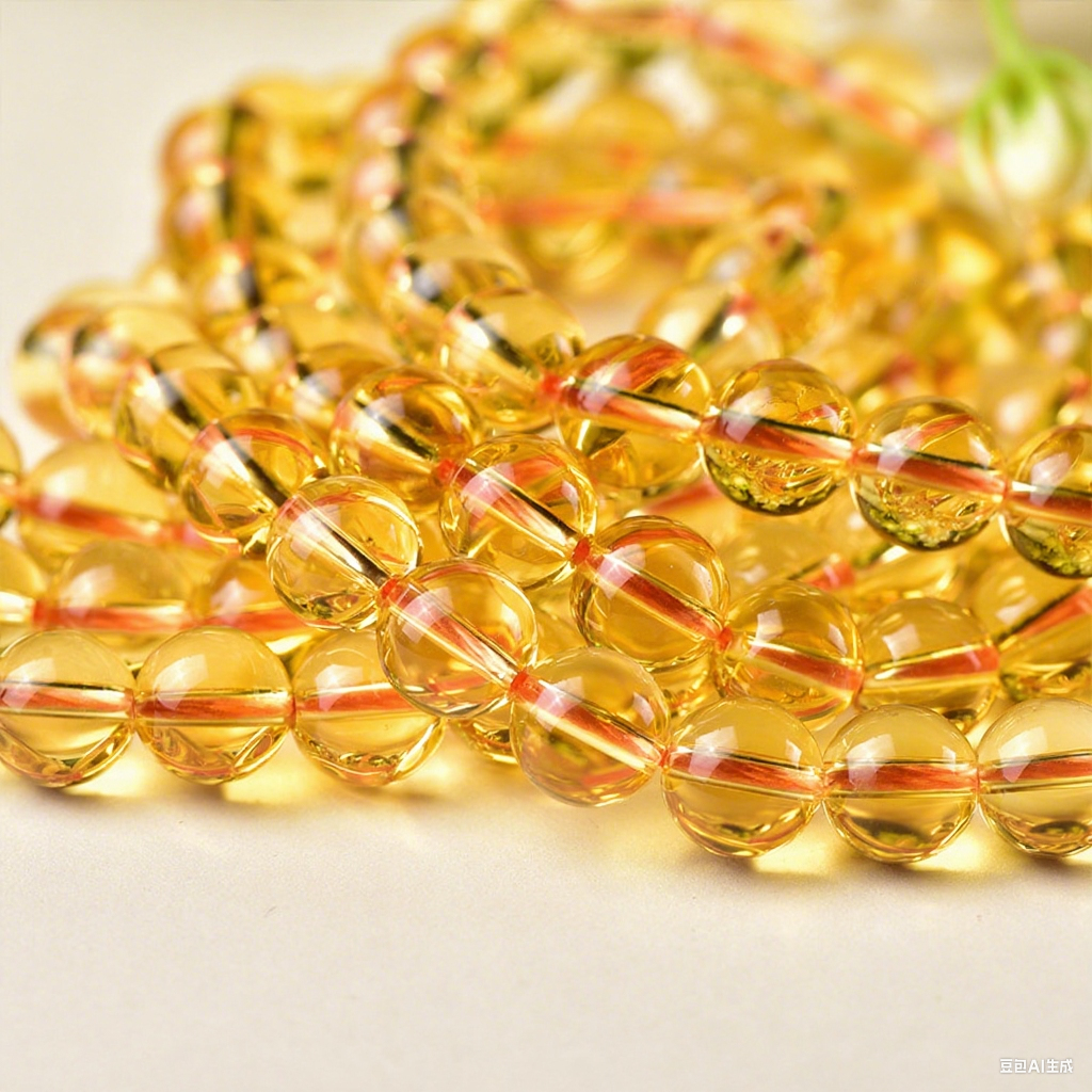 Natural yellow crystal beads casually layered, showcasing transparency and inner textures
