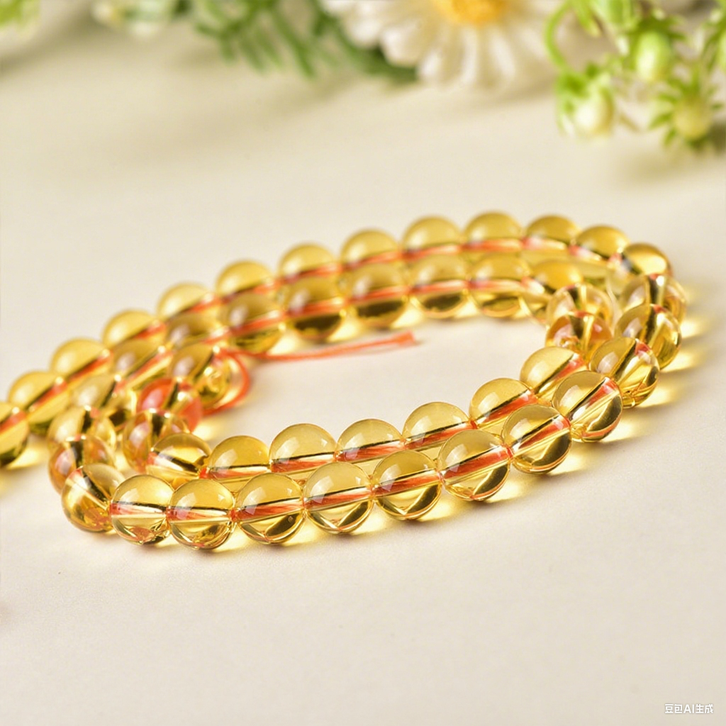 Elegant composition of yellow quartz beads placed beside soft floral elements on a cream surface