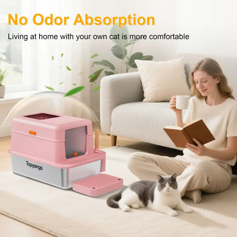 Stainless Steel cat Litter box with Lid, Extra Large Litter box XL, High Side Enclosed Litter box for Cats and Big Cats, Leak Proof Easy to Clean box toilet
