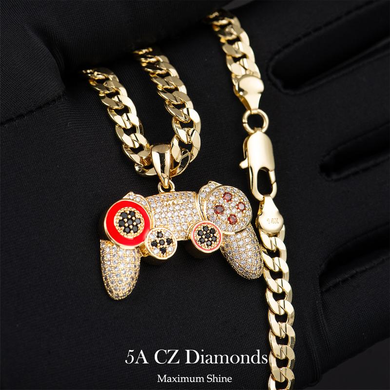 Holylegend 14K Real Gold-Plated Game Controller Necklace, Sony-Inspired CZ Diamond Pendant, 24" Cuban & Rope Chain, Hip Hop Jewelry Gift for PlayStation Fans