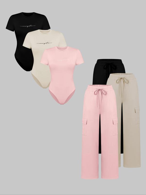 Women's Shortsleeve Bodysuit & Drawstring Waist Pants Set, Fitted Casual Style Round Neck Snap Bodysuit & Pocket Trousers, Minimalist Clothes for All Seasons, Y2k Statement Outfits Set, Womenswear, Basic Casual Matching Yoga Clothes Set