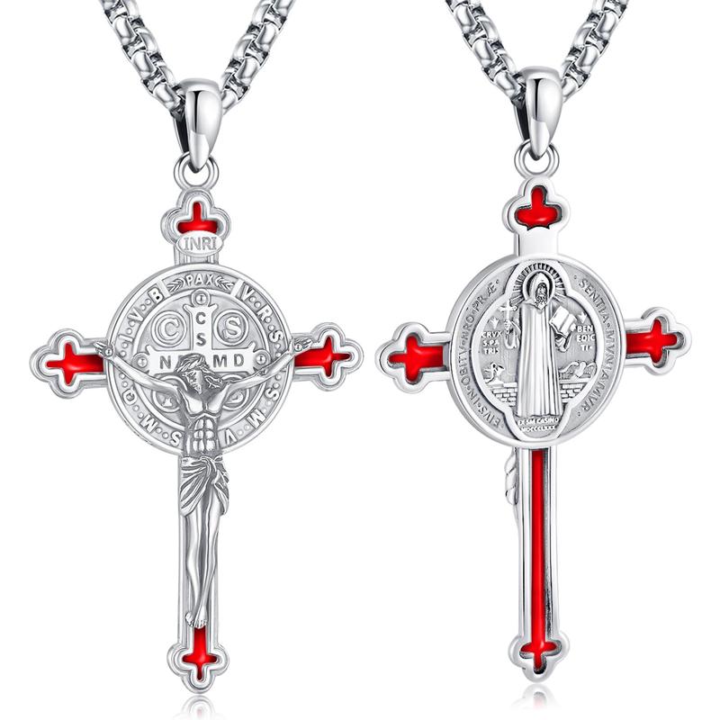 DRINSPER Saint Benedict Cross Necklace 925 Sterling Silver San Benito Pendant Necklace, Pardon Crucifix Necklace, Religious Jewelry for Men Women