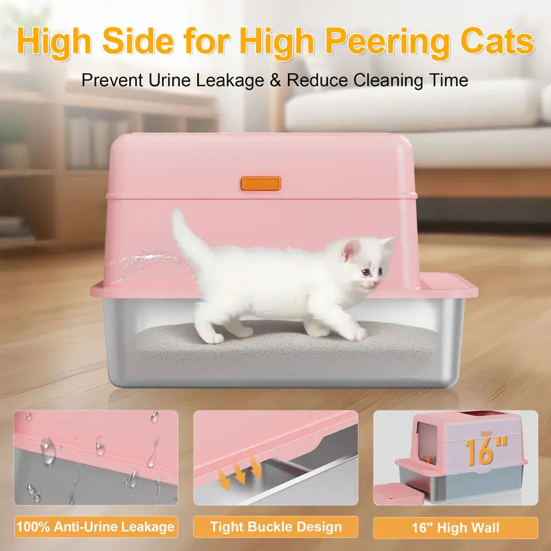 Stainless Steel cat Litter box with Lid, Extra Large Litter box XL, High Side Enclosed Litter box for Cats and Big Cats, Leak Proof Easy to Clean box toilet