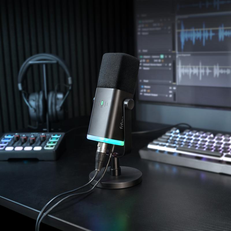 FIFINE AM8 XLR/USB Gaming Microphone for Podcast Recording, Dynamic RGB Mic with Quick Mute, headphone jack, Gain Knob, Volume Control, Desktop Mic for PC Gamer, XLR mic for audio interface mixer, for smartphone