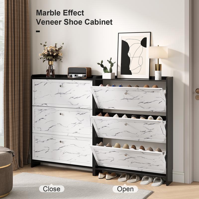 SULIVES Marble Shoe Cabinet: Elegant veneer finish, exquisite metal handles, and breathable semi-open design ensure enhanced air circulation for dryness, hygiene, and a modern aesthetic.