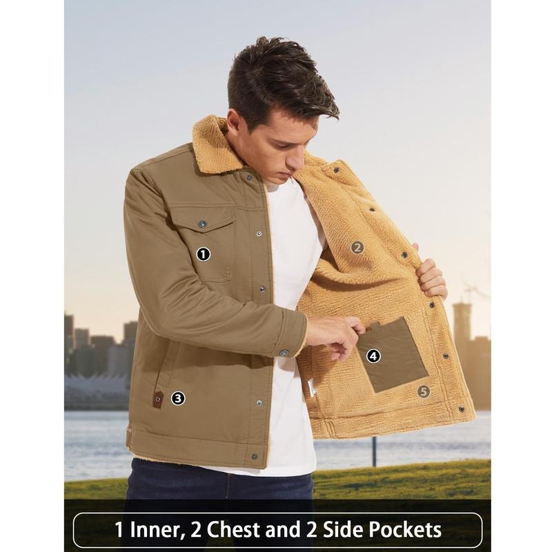 MAGCOMSEN Men's Winter Jacket Sherpa Lined Jacket Warm Trucker Coat Multi Pocket Casual Collared Menswear Tops Cotton Fleece Long Sleeve
