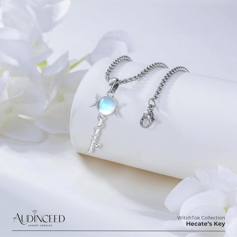 Audinceed Hecate's Key S925 Sterling Silver Moonstone Necklace, Witchtok Collection, Hekate Triple Moon Goddess Pagan Wiccan Magic Silver Necklace Pendant Protection Blessed Amulet Jewelry Gift for Women Men