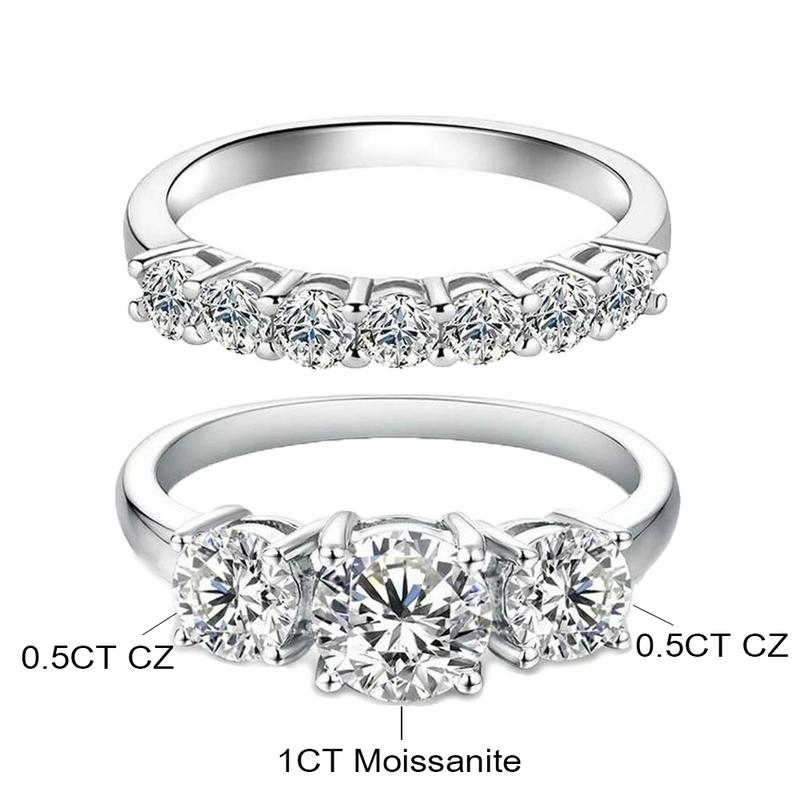 10/10 Moissanite Lab-Created 2Colors Set Ring 2CT VVS Clarity 14K Gold Plated Stackable 3 Stones Hypoallergenic Band for Women Wedding Engagement Birthday Gift Anniversary Prom Party Holiday Date Casual Bling Iced Jewelry