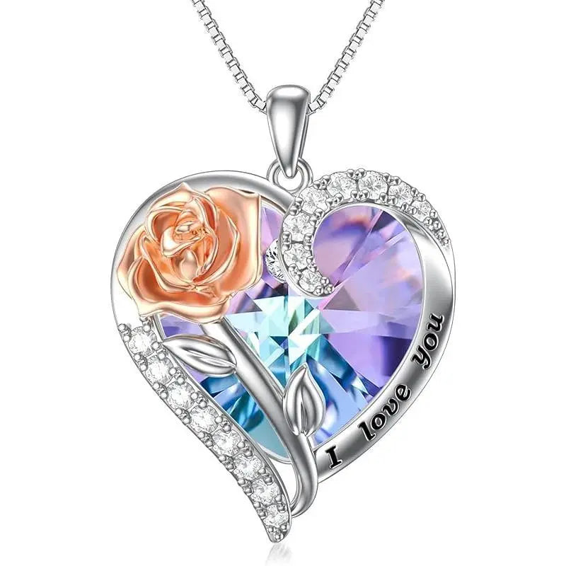 Birthstone Necklace for Women 925 Sterling Silver Rose Flower Heart Crystal Pendant Necklaces I Love You Jewelry Birthday Christmas Gifts for Women Her Girlfriend