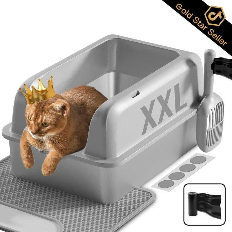 XXL Cat Litter Box Stainless Steel 20L with Lid, XL Large Metal Litter Box High Sided Design,Anti-Urine Leakage, Include Cat Mat & Litter Scoop, Never Absorbs Odors, Easy Cleaning, Non-Sticky,#Catsoft #catlovers