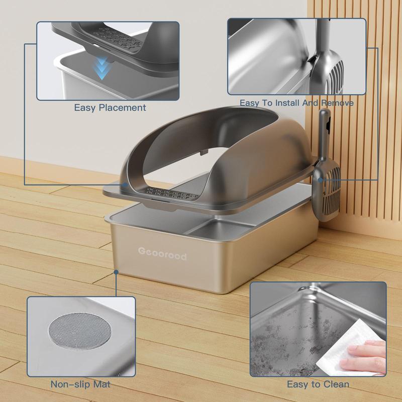 XXL Cat Litter Box Stainless Steel 20L with Lid, XL Large Metal Litter Box High Sided Design,Anti-Urine Leakage, Include Cat Mat & Litter Scoop, Never Absorbs Odors, Easy Cleaning, Non-Sticky,#Catsoft #catlovers