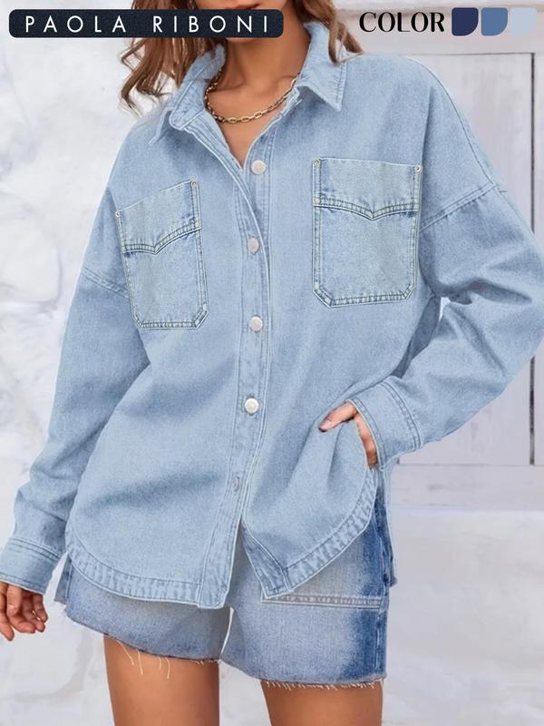 Women's Plain Button Front Drop Shoulder Curved Hem Denim Jacket, Casual Long Sleeve Pocket Design Collar Outerwear for Daily Wear, Ladies Clothes for All Seasons