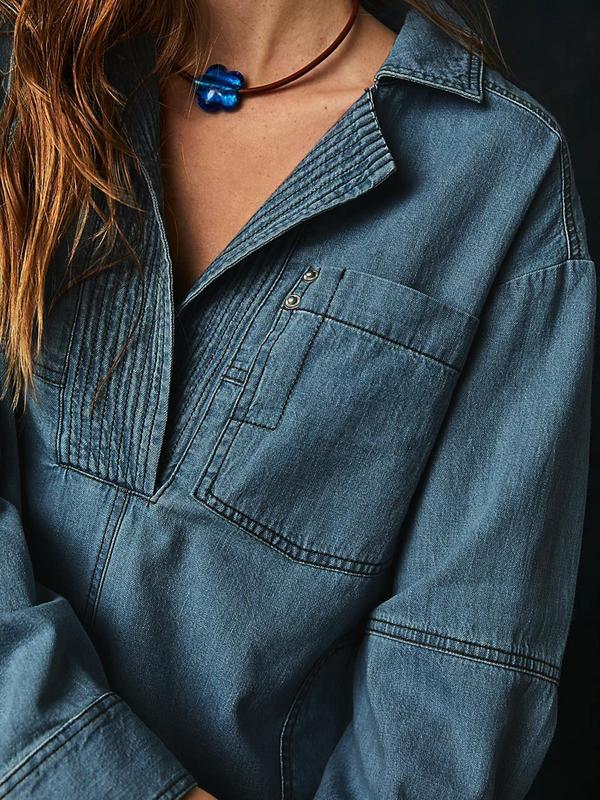 Tankaneo Women's Denim Pullover Casual Notch V Neck Blouse Loose Fit Long Sleeve Jean Jacket with Pocket