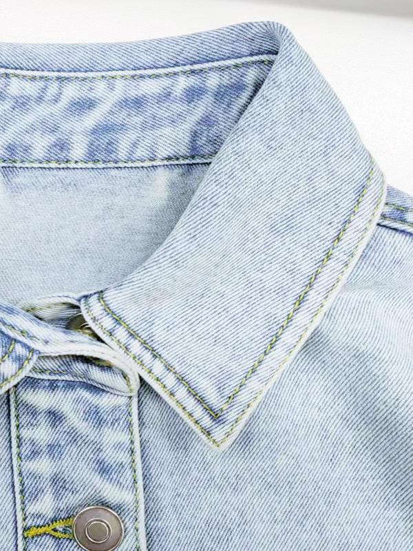 Women's Plain Button Front Drop Shoulder Curved Hem Denim Jacket, Casual Long Sleeve Pocket Design Collar Outerwear for Daily Wear, Ladies Clothes for All Seasons