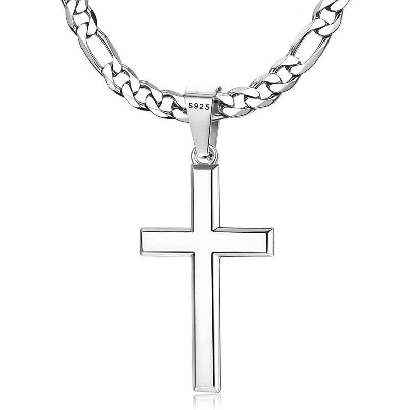 925 Sterling Silver Cross Necklace for Men Women, 5mm 316L Stainless Steel Diamond-Cut Durable Figaro Link Chain or Cuban Link Curb Chain for Men, Mens Silver Crucifix Cross Pendant Necklaces Jewelry 16-30 Inches