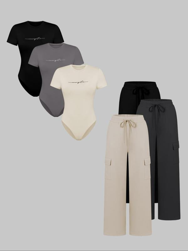 Women's Shortsleeve Bodysuit & Drawstring Waist Pants Set, Fitted Casual Style Round Neck Snap Bodysuit & Pocket Trousers, Minimalist Clothes for All Seasons, Y2k Statement Outfits Set, Womenswear, Basic Casual Matching Yoga Clothes Set